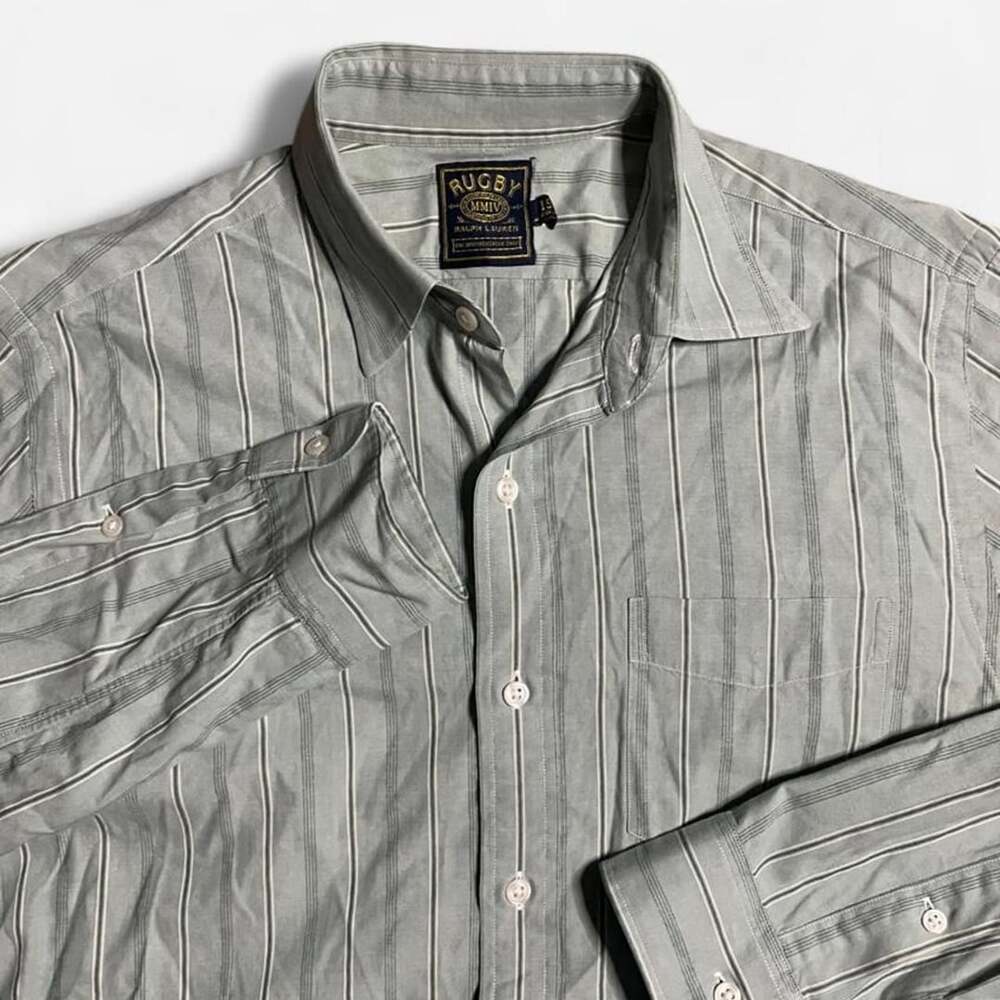 Vintage Ralph Lauren Rugby Shirt Men’s XL Button Up Sage Striped Long Sleeve